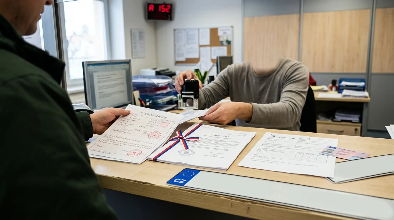 Registrace dovezeného vozu na úřadě: přeložené dokumenty, razítko a česká registrační značka